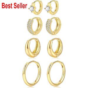 14K Gold Plated Hoop Earrings Set Lightweight Hypoallergenic Multiple Piercing